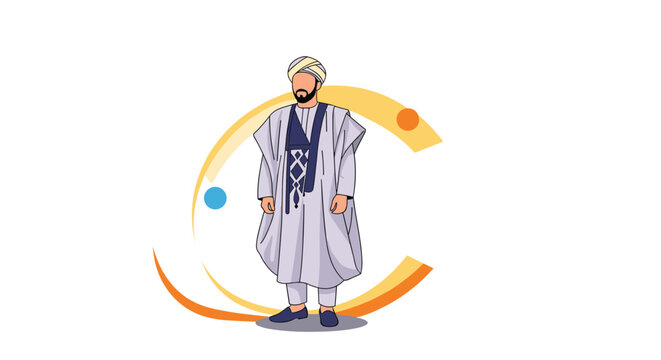 Distinguished man stands proudly wearing elaborate traditional West African Agbada clothing with a turban and ornate embroidery patterns.