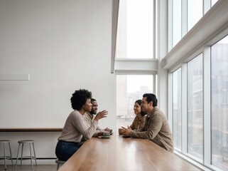 Obraz premium Diverse group of friends sitting together at cafe counter by large window, socializing and friendship concept