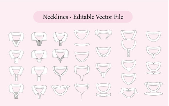 Neckline Technical Flat Sketch Collection, Editable Vector Neckline Library for Fashion CAD, Apparel Design and Tech Pack Development