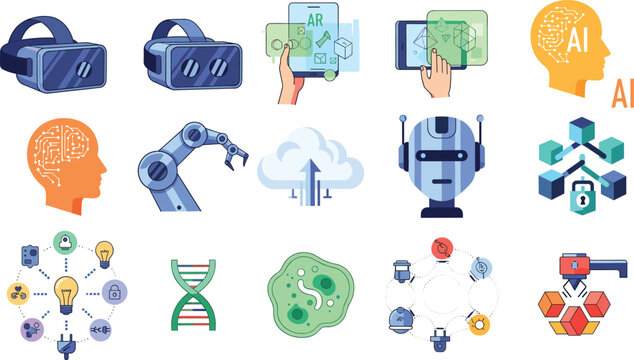 Artificial intelligence icons, robotics, virtual reality, augmented reality, cloud computing, biotechnology, blockchain security, vector illustration