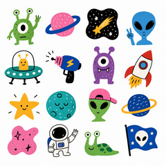 Space Aliens and UFO Sticker Set - Extraterrestrial Monsters Rockets Stars Planets © Vactor.com