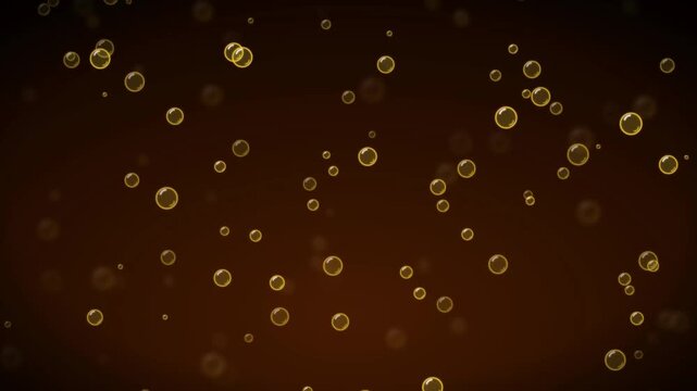 Golden bubbles rising in dark amber liquid cinematic macro animation realistic effervescence for beverage advertising and background loops