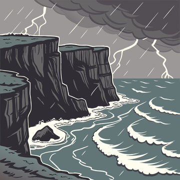 Stormy seascape with rugged cliffs and crashing waves under a dark sky with lightning seascape lightning crashing powerful elemental dramatic landscape illustration environment turbulent