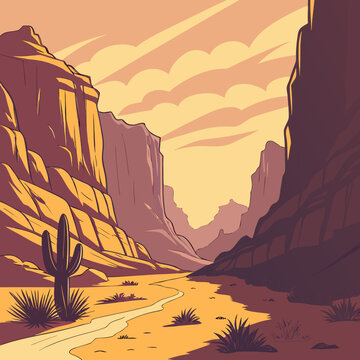 Desert canyon landscape with cactus and winding path under a sunset sky desert plant desert flora desert vegetation desert trail desert rock desert formation desert wilderness desert adventure