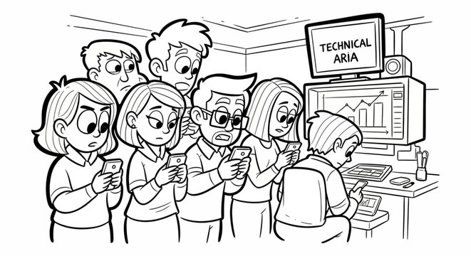Group of animated characters analyzing technical data together.