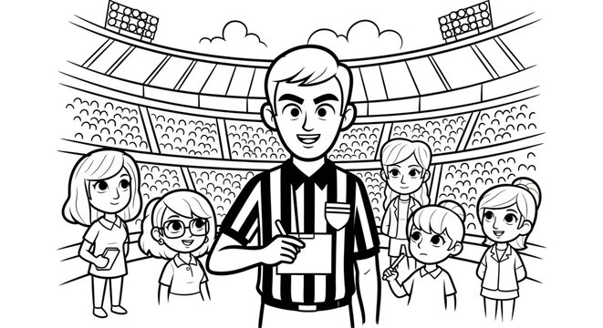 Confident referee supervising youth soccer match illustration.