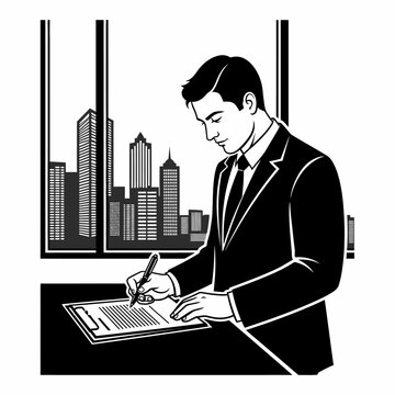 Businessman signing important documents in modern office setting.