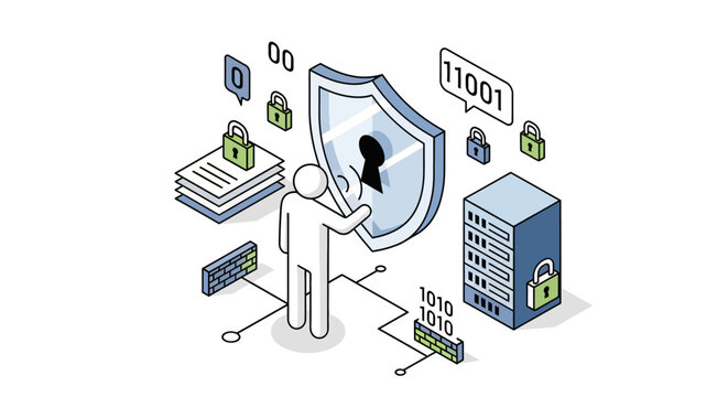 Cybersecurity Concept with Digital Shield and Binary Code Elements.