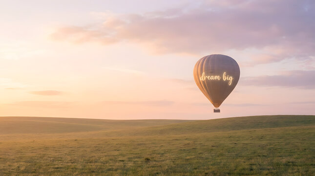 Dream and Sunrise for inspirational quote poster theme. Hot air balloon drifting over a sunlit field beneath a pastel sunrise sky.