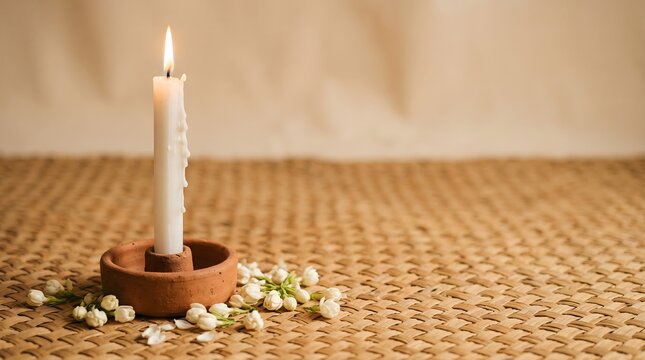 Tall plain white ritual candle with wax drips in terracotta holder on woven pandanus mat with scattered jasmine buds, Indonesian Islamic Javanese spiritual ritual editorial horizontal with copy space