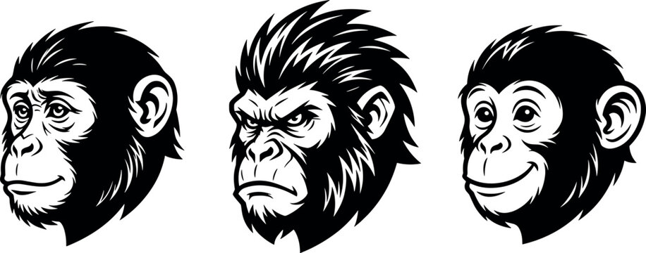 Gorilla Head Vector Mascot Icon Set with Aggressive, Angry, and Friendly Monkey Expressions for Badges, Tattoos, Logos, and Sports Apparel DesignsGorilla Head Vector Mascot Icon Set with Aggressive, A