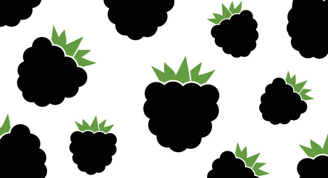 Graphic illustration of multiple black blackberries with green leaves scattered on a white background.