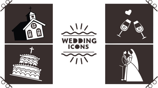 Wedding icon vector set featuring a church chapel tiered cake champagne toast and bride groom silhouette isolated on white background.Wedding icon vector set featuring a church chapel tiered cake cham