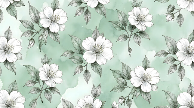 Elegant White Floral Seamless Pattern on Sage Green Watercolor Background