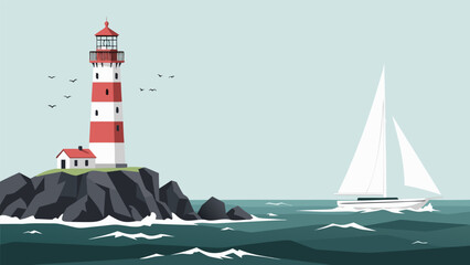 A serene lighthouse stands on rugged rocks by the sea with a sailboat nearby 154.eps © Grogolan