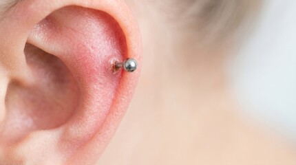 Fototapeta premium Close Up Of Inflamed Earlobe Around Piercing Hole