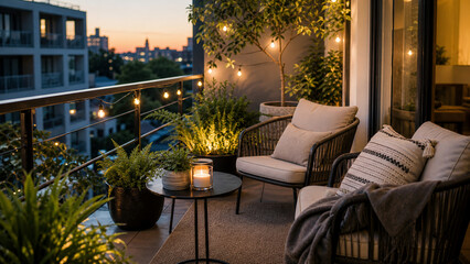 Fototapeta premium Cozy apartment balcony with evening lights and urban garden decor