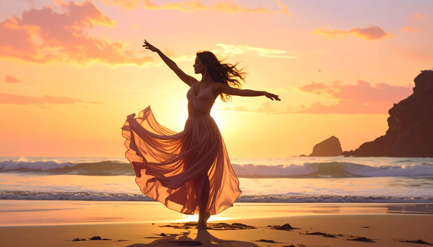 Woman dancing on beach at sunset silhouette serene scene freedom concept