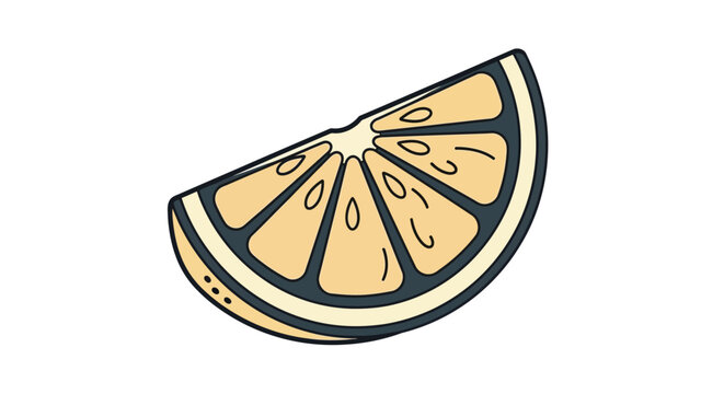 A stylized illustration of a single citrus fruit slice, showing its segments and rind, against a white background.