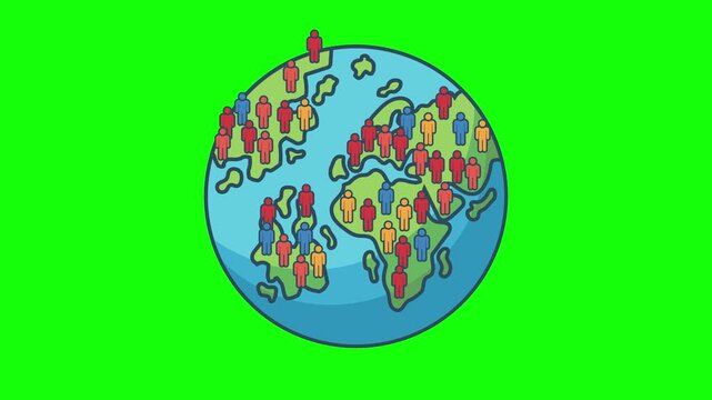Animated Global Population Map with Colorful People Icons on Globe