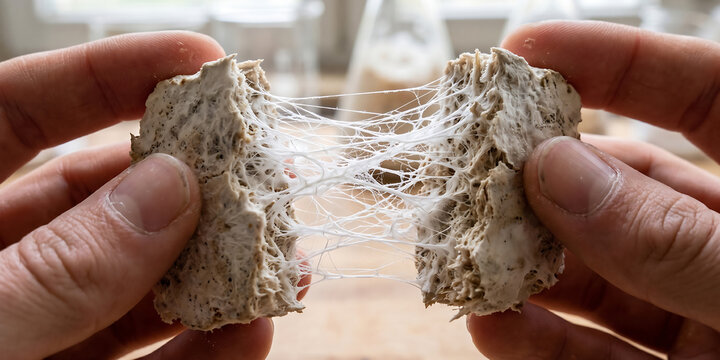 Hands pulling apart organic mycelium mushroom block showing white fungal threads in laboratory environment for sustainable biotechnology and material research.