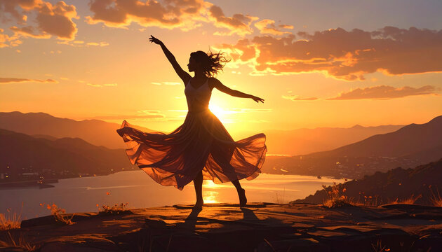 Woman dancing silhouette at sunset with golden light and mountains