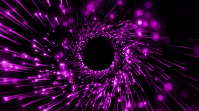 purple sparkling particles moving away from a circle on black background 4k video
