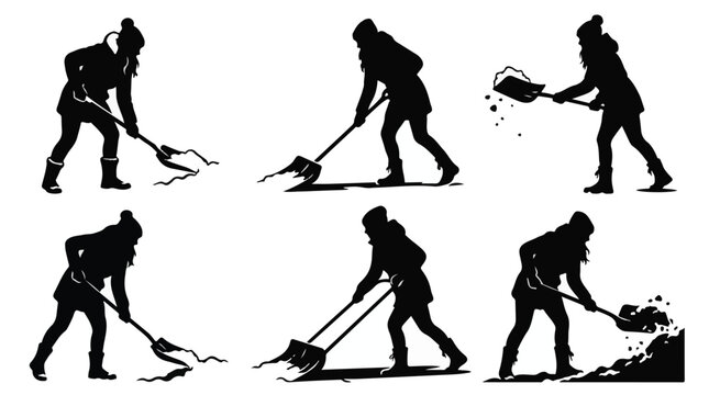 Silhouette of a woman shoveling snow or dirt in various poses and actions