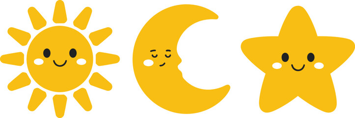 Sun, moon, star icon set, cute smiling sun and sleeping moon cartoon characters on white background vector design © Neal Bailey