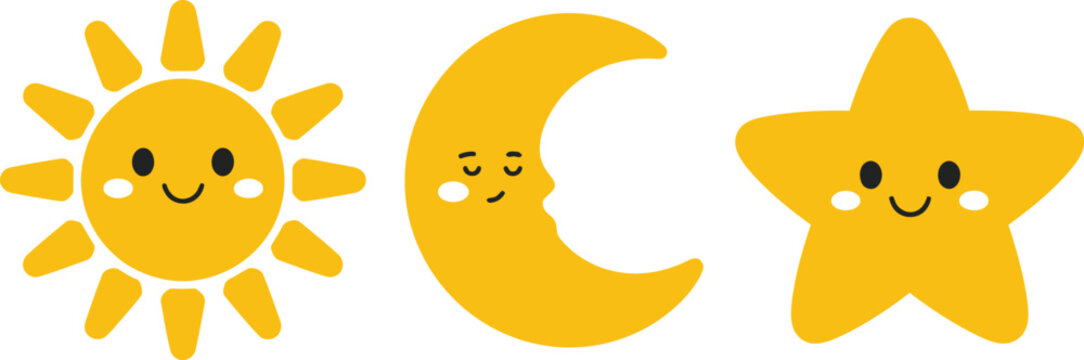 Sun, moon, star icon set, cute smiling sun and sleeping moon cartoon characters on white background vector design