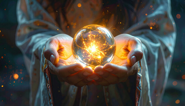 Woman holding glowing orb fantasy art mystical concept soft focus