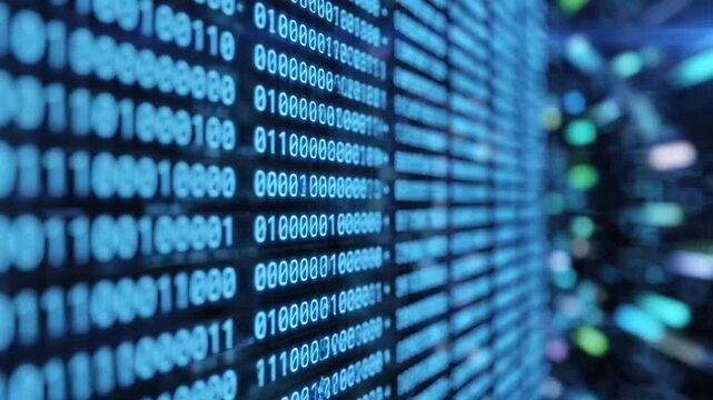 Abstract blue digital binary code flow on dark background.