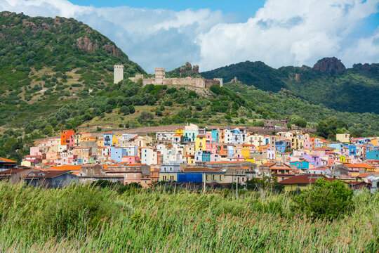 Bosa village with colorful houses and malaspina castle in sardinia