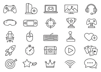 video gaming line icon set tournament streaming controllers gadgets © Stock