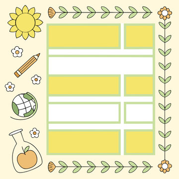 Hand drawn school schedule template, cute educational planner with floral border, yellow classroom timetable vector with pencil and globe icons