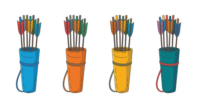 Colorful archery arrows grouped in four quiver pouches vector illustration