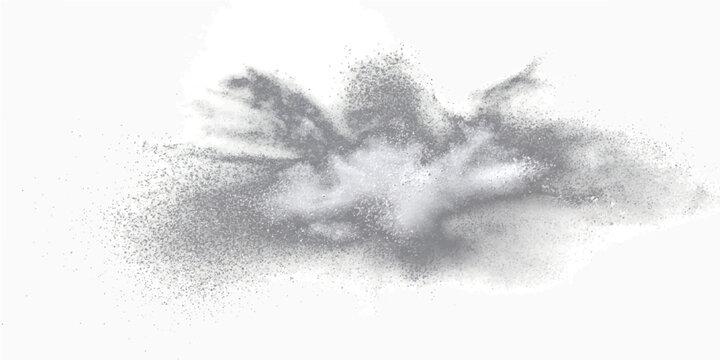 Abstract particle explosion on white background, dynamic and ethereal cloud of dust and debris.