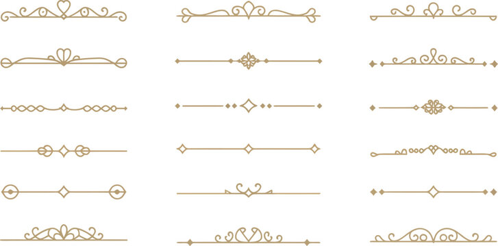 Vintage gold divider, lines, decorative borders and separators for luxury design, wedding invitations and elegant typography layouts
