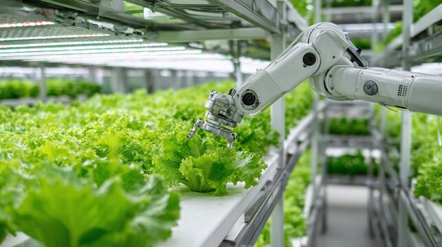 Robot arm in hydroponic lettuce farm.