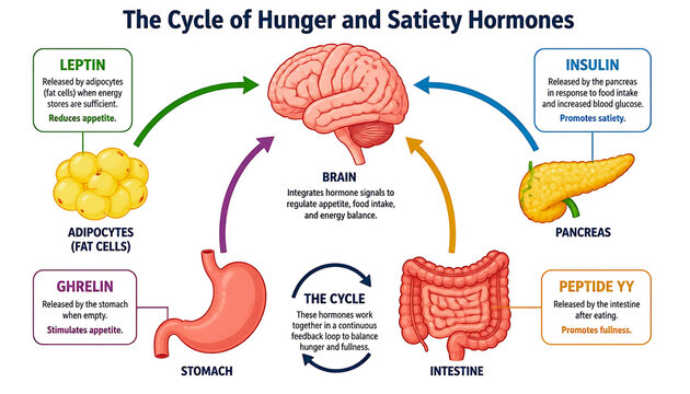 Cycle of hunger and satiety hormones biological infographic