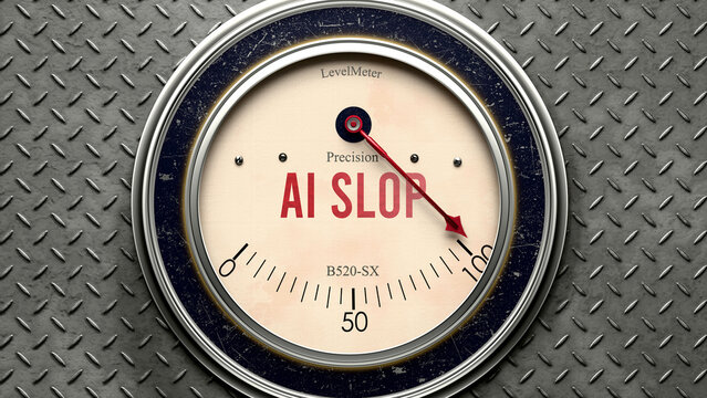 Ai Slop that is hitting a full scale, showing a very high level of ai slop, overload of it, too much of it. Maximum value, off the charts.  ,3d illustration