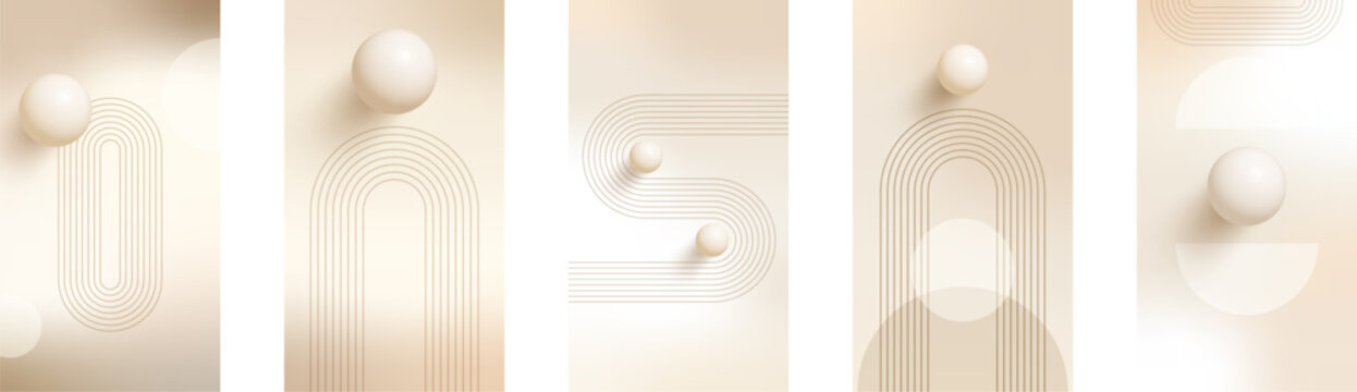 Collection of pastel gradient backgrounds with abstract 3D spheres, minimalist line arch compositions and boho aesthetics. Vertical 9x16 vector set for social media stories and modern branding