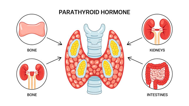 Parathyroid hormone function diagram showing effects on body organs