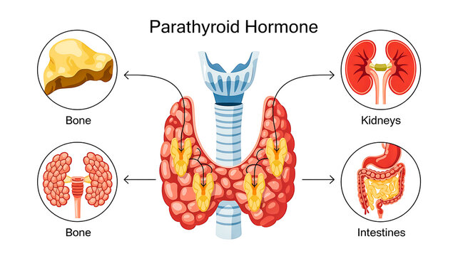 Biological illustration of parathyroid hormone action on human organs