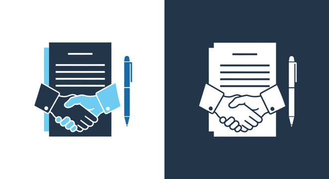Business handshake icon with documents and a pen, representing agreement, contract, partnership, and successful deal.