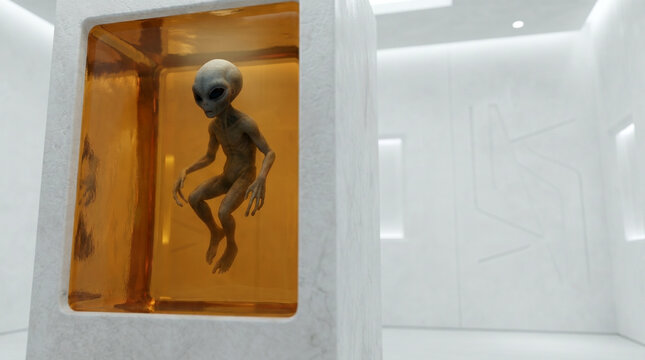 Grey alien specimen preserved in laboratory containment chamber