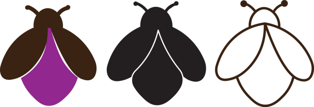 Firefly bug Icon Vector set. Set of fireflies insect glyphs in black and dark blue color. Vector