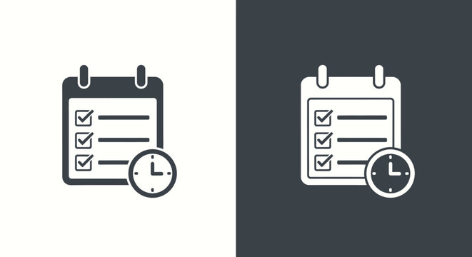 Calendar checklist icon with clock showing task management and scheduling concepts in minimalist style for planning productivity and time tracking workflow.