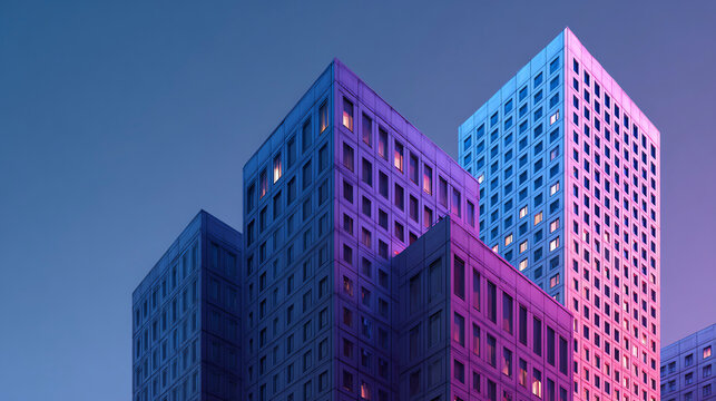 lit 3D office buildings, blue-purple gradient