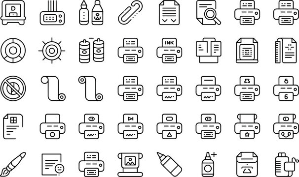 Printer and Document Management Thin Line Icon Set with Ink Office Supplies and Paper Printing Symbols for Web and Apps